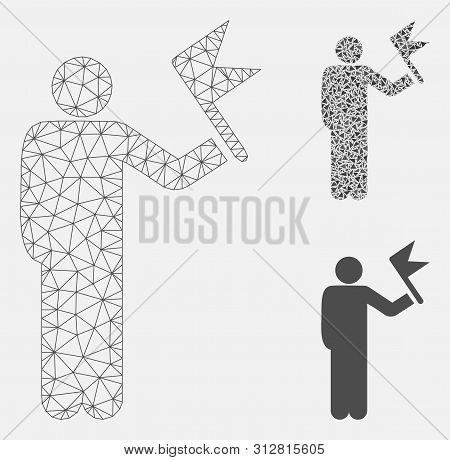Mesh Man With Flag Model With Triangle Mosaic Icon. Wire Carcass Triangular Network Of Man With Flag