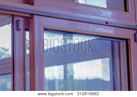 Closeup Of Interior Sliding Glass Door.and Window In Abandoned School.