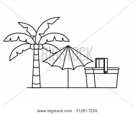 Silhouette Of Palm Tree With Beach Umbrella Striped Vector Illustration Design