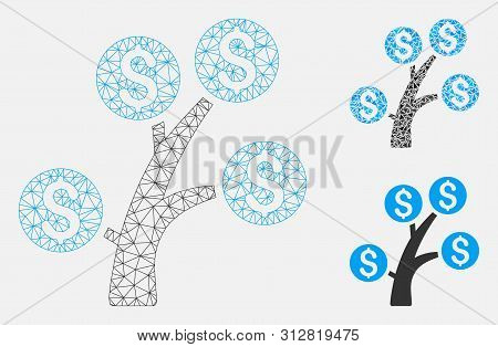 Mesh Money Tree Model With Triangle Mosaic Icon. Wire Carcass Triangular Mesh Of Money Tree. Vector 