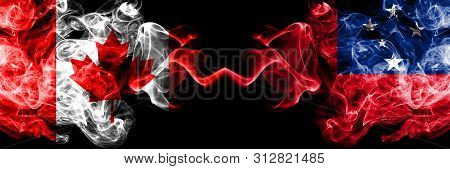 Canada Vs Samoa, Samoan Smoky Mystic Flags Placed Side By Side. Thick Colored Silky Smoke Flags Of C