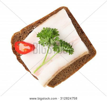Pork Fatback Sandwich With Parsley And Slice Of Pepper Isolated On White, Top View