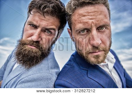 Lawyer Agency. Sure Sign You Should Trust Business Partner. Men Formal Suits Stand Back To Back Blue