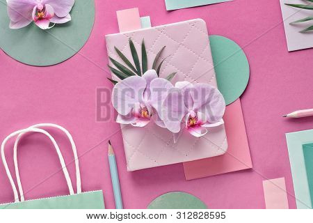 Floral Paper Background In Pink And Mint Colors. Orchid Flowers On Geometric Background With Copy-sp
