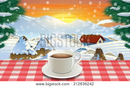 Coffe Cup On The Table In Snowday In Morning