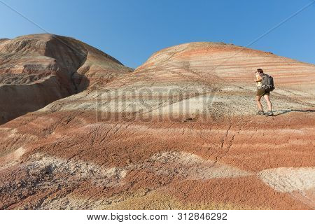 Backpacker Girl Exploring The Mountains. Backpacker Girl Tourist Exploring The Xizi Mountains , Azer
