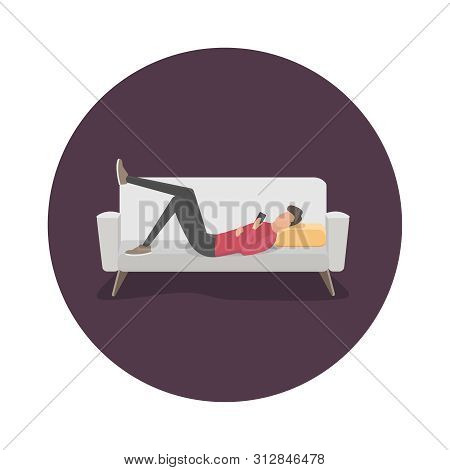 a young man with a smartphone lying on the couch. flat vector illustration. weekend relax