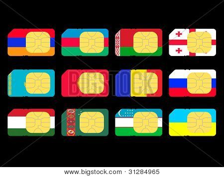 Tarjetas SIM representadas como banderas de países de la CEI