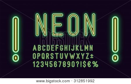 Neon Rounded Alphabet, Green Yellow Color. Neon Outlined Font, Set Of Duotone Glowing Letters, Numbe