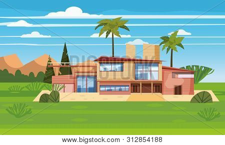 Modern Villa On Residence In Exotic Country, Expensive Mansion In Lahdscape Tropics Palm Trees. Luxu