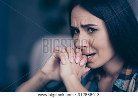 Close Up Side Profile Photo Beautiful She Her Lady Displeased Hopeless Bite Teeth Hands Palms Togeth