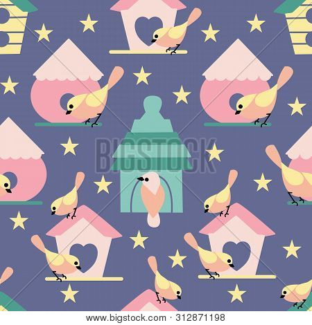 Bird Houses And Stars In A Seamless Pattern Design