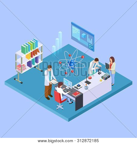 Scientific Research Laboratory. Isometric Chemistry Equpment And Sciensists, Pharmaceutical Lab Conc