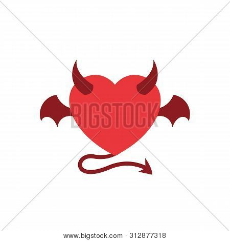 Devil Love With Demon Wing Vector Illustration. Heart Symbol With Horn And Tail Icon. Simple Graphic