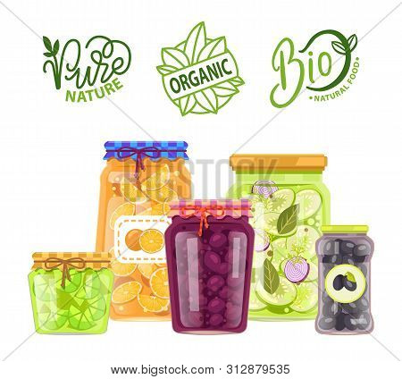 Organic Meal, Jars Marmalade And Canned Food, Orange Slices And Pea, Olives And Pickled Cucumbers Wi