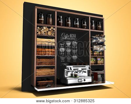 Concept Coffee Shelf With Glass Jars With Coffee Coffee Machine Tea For Sale Coffee 3d Render On Ora