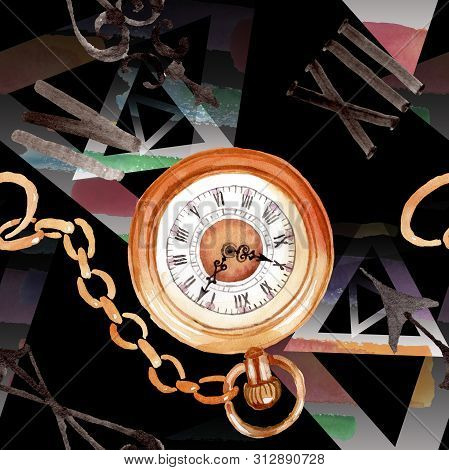 Vintage Old Clock Pocket Watch. Watercolor Background Illustration Set. Seamless Background Pattern.