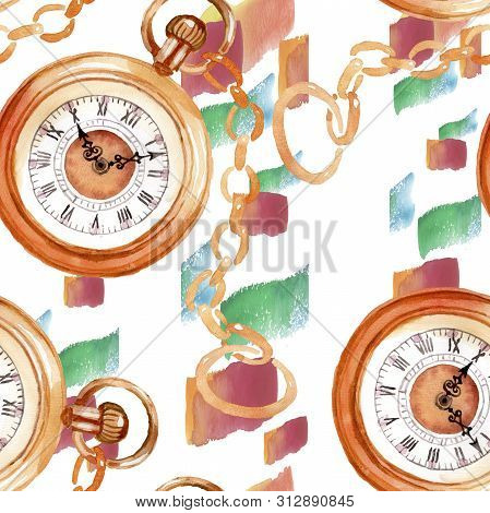 Vintage Old Clock Pocket Watch. Watercolor Background Illustration Set. Seamless Background Pattern.
