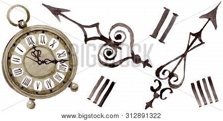Vintage Old Clock Pocket Watch. Watercolor Background Illustration Set. Isolated Clocks Illustration