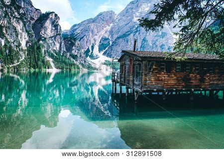 Beautiful View Of Lago Di Braies Or Pragser Wildsee, Trentino Alto Adidge, Dolomites Mountains, Ital