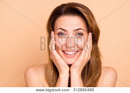 Close Up Photo Beautiful Amazing Mature She Her Lady White Teeth Hands Arms Cheeks Cheekbones Show G