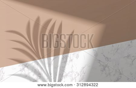 Mock Up With Shadow Palm Leaf On Marble Background. Layout With Overlay A Palm Branch Shadow. Natura