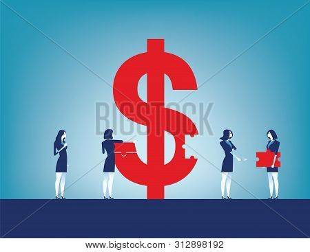 Colleagues Investment Success. Business Team Collecting Dollar Sign With Pieces. Concept Business Ve