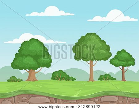 Seamless Game Nature Landscape. Parallax Background For 2d Game Outdoor Mountains Trees And Clouds V