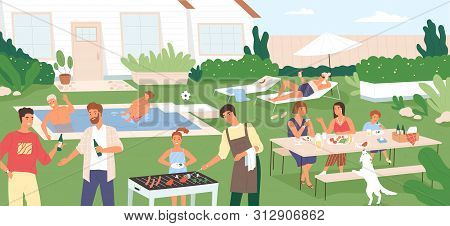Adults And Kids Spending Time In Backyard At Barbecue Party Or Picnic. People Performing Recreationa