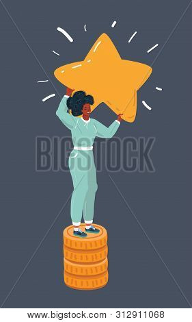 Cartoon Vector Illustration Of Woman Climbing Stairs To Dream, Star. Achieving Goals, Career Growth,