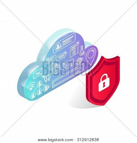 Isometric Data Storage Protection Concept. Icons In Transparent Glowing Cyber Cloud Behind Shield Is