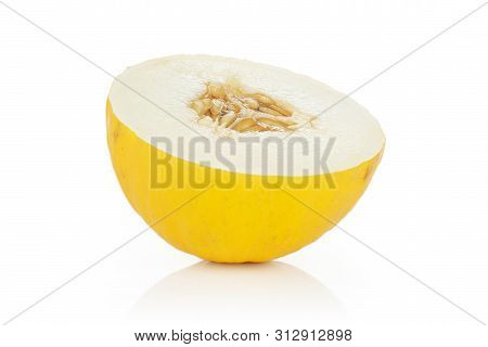 One Half Of Fresh Yellow Melon Canary Isolated On White Background