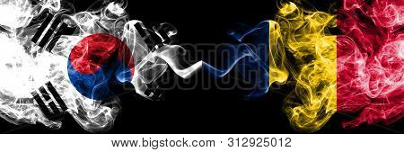 South Korea Vs Chad, Chadian Smoky Mystic Flags Placed Side By Side. Thick Colored Silky Abstract Sm