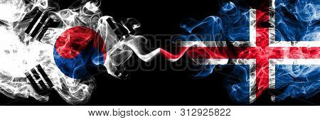 South Korea Vs Iceland, Icelandic Smoky Mystic Flags Placed Side By Side. Thick Colored Silky Abstra
