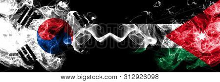 South Korea Vs Jordan, Jordanian Smoky Mystic Flags Placed Side By Side. Thick Colored Silky Abstrac