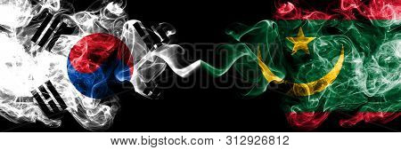 South Korea Vs Mauritania, Mauritanian Smoky Mystic Flags Placed Side By Side. Thick Colored Silky A