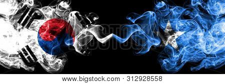 South Korea Vs Somalia, Somalian Smoky Mystic Flags Placed Side By Side. Thick Colored Silky Abstrac