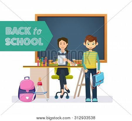 Welcome Back To School Blackboard With Items And Elements.