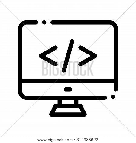 Coding Computer Monitor Vector Thin Line Icon. Coding System, Data Encryption Linear Pictogram. Web 