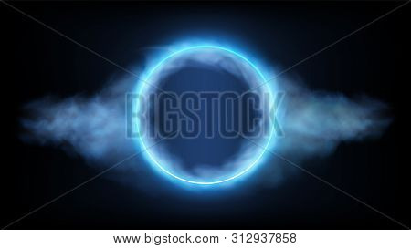 Futuristic Neon Round Frame In Clouds On Black Background. Vector Illustration. Eps10