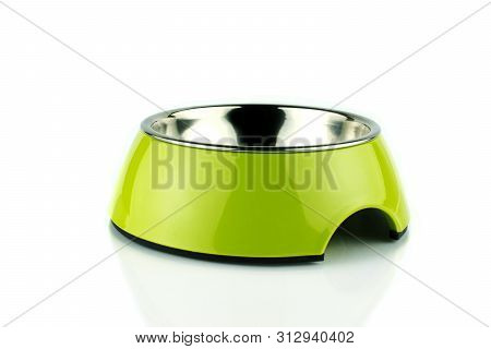 Empty Green Pet Bowl Methacrylate Food Container For  Dog Or Cat. Isolated On White Background.