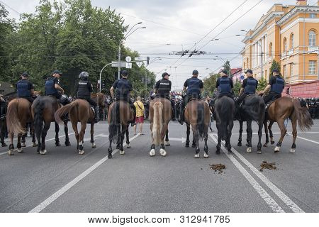 Kyiv, Ukraine - June 23, 2019. Mounted Police On The Road In The City
