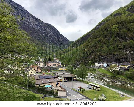 The Village Of Bignasco On The River Maggia And In The Maggia Valley Or Valle Maggia Or Maggiatal, B