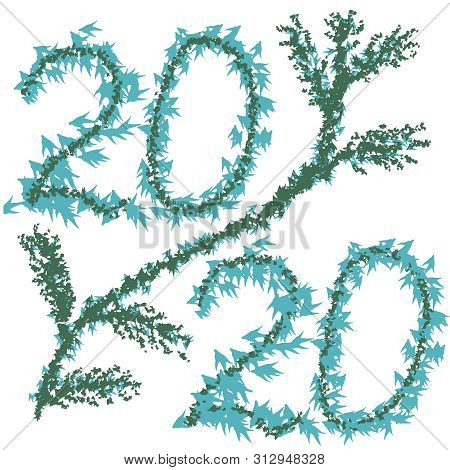 2020 Illustration For New Year Holiday Design. Hand-drawn Numbers And Spruce Branch
