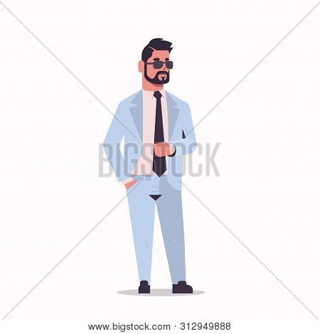 Arabic Businessman In Sunglasses Standing Pose Arab Bearded Business Man Wearing Elegant Suit Arabia