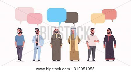 Arabic Businesspeople Group Standing Together Chat Bubble Communication Concept Arab Men Wearing Tra