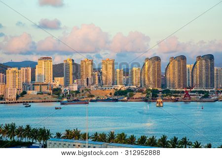 Sanya Town Evening Cityscape, View From Phoenix Island On Hainan Island In China