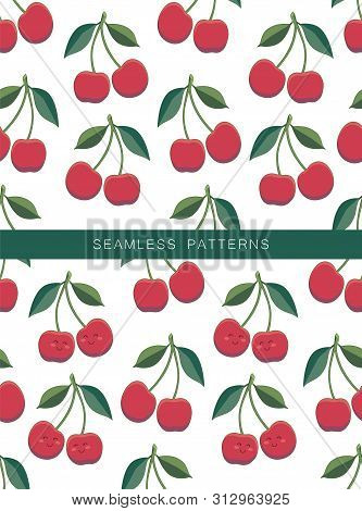 Two Backgrounds With Cherry. Vector Seamless Pattern With Two Isolated Cherries Repeated On A White 