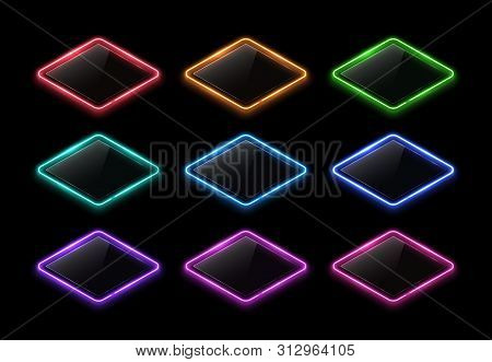 Color Led Lamp Electric Lozenge Signs Set With Shiny Plastic Plate On Background. Night Club Rhombus