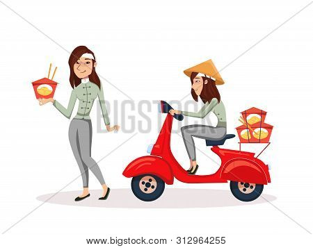 Fast Delivery Asian Food Service By Scooter With Courier. Vector Cartoon Woman Character Illustratio